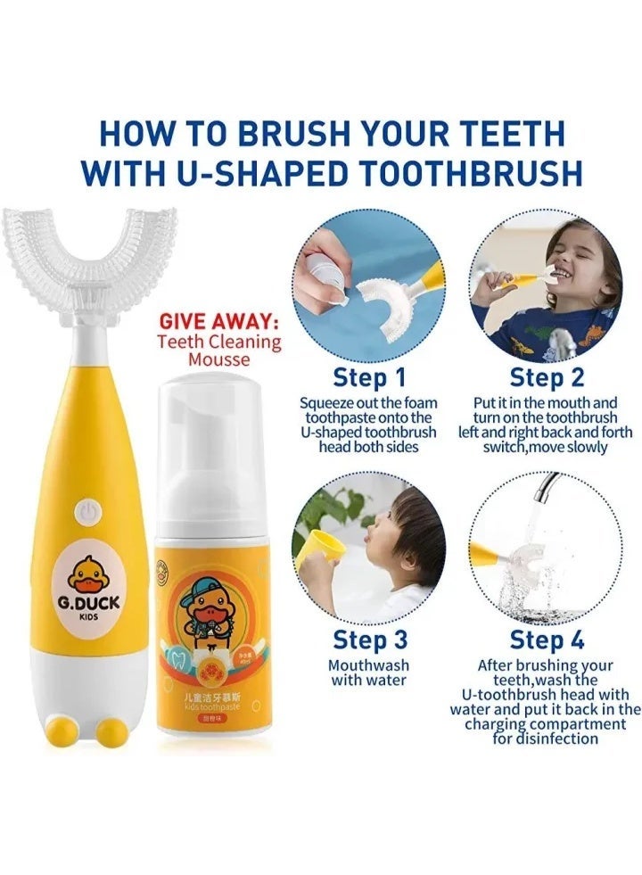 G.DUCK Yellow Duck Kids 2-in-1 Electric Toothbrush Set for Boys & Girls (2-12 Years) | U-Shaped 360° Silicone Brush + Sonic Round Brush | 30,000 VPM Gentle Cleaning | IPX7 Waterproof | Battery Powered | Includes Fluoride-Free Fruit Foam Toothpaste & AAA Battery - Image 3